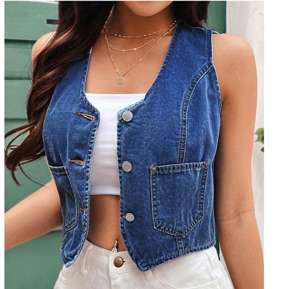 Dark Wash Button up Denim Jean Crop Vest - Picture 11 of 11